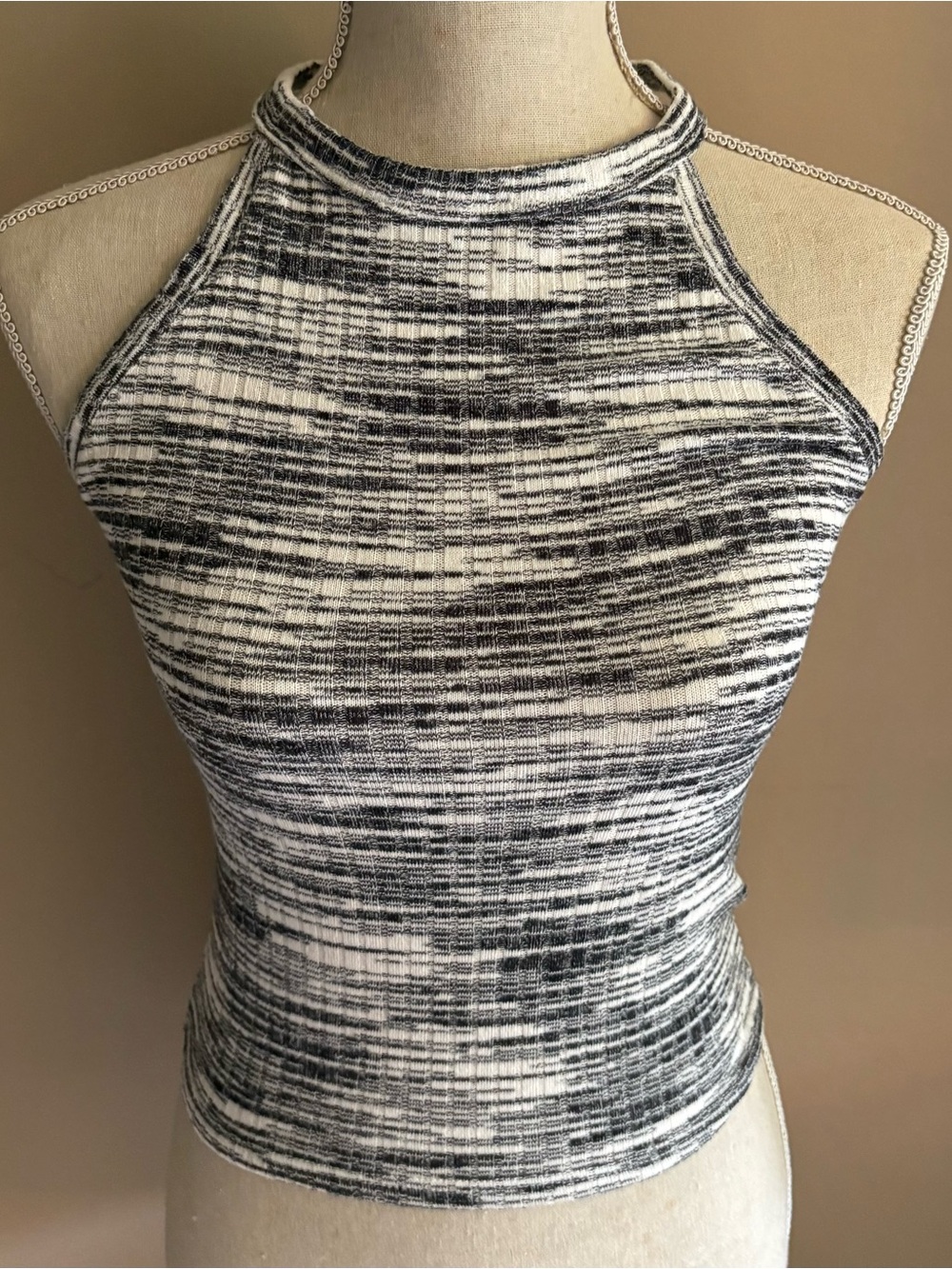 Mudd Black & White Y2K Style Monochrome Space-Dye Ribbed Halter Tank Too